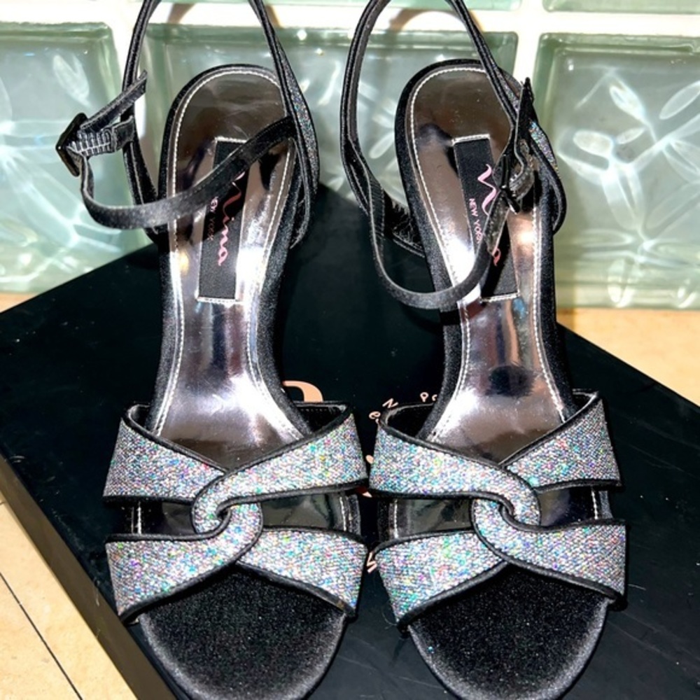 NINA Women Black Silver Glittery Heel- GM Sandal Heel